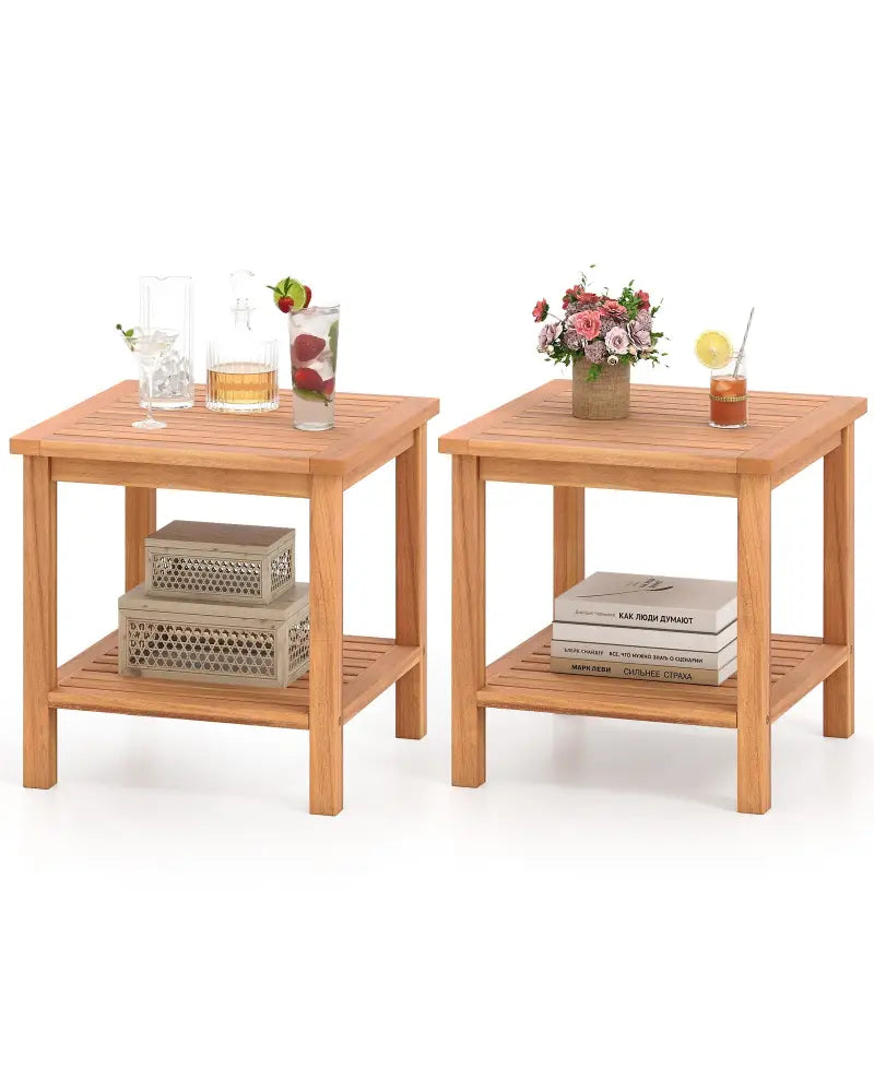 Patio Acacia Wood Side Table Set of 2 with Slatted Tabletop and Storage Shelf - End & Side Tables