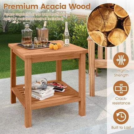 Patio Acacia Wood Side Table with Slatted Tabletop and Storage Shelf - End & Side Tables