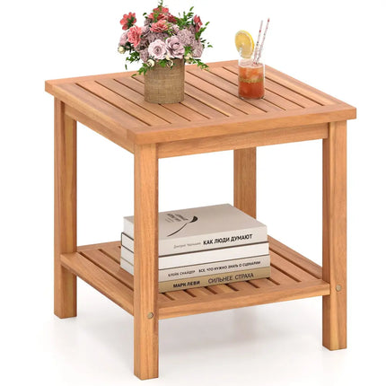 Patio Acacia Wood Side Table with Slatted Tabletop and Storage Shelf - End & Side Tables