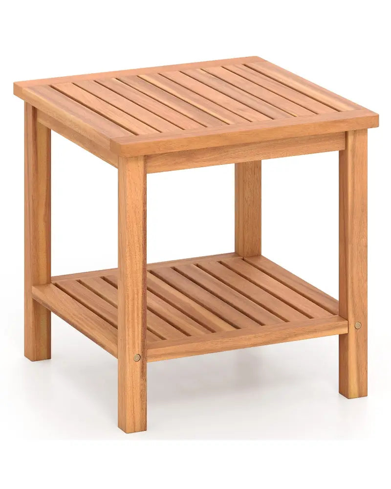Patio Acacia Wood Side Table with Slatted Tabletop and Storage Shelf - End & Side Tables