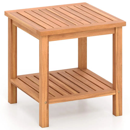 Patio Acacia Wood Side Table with Slatted Tabletop and Storage Shelf - End & Side Tables