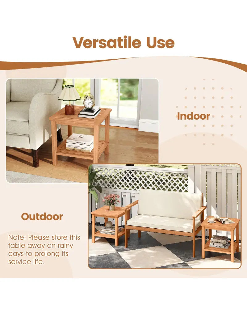 Patio Acacia Wood Side Table with Slatted Tabletop and Storage Shelf - End & Side Tables