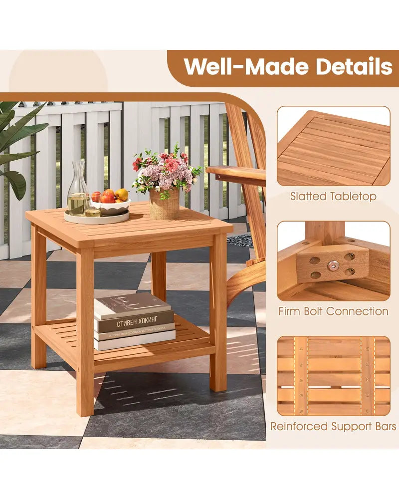 Patio Acacia Wood Side Table with Slatted Tabletop and Storage Shelf - End & Side Tables