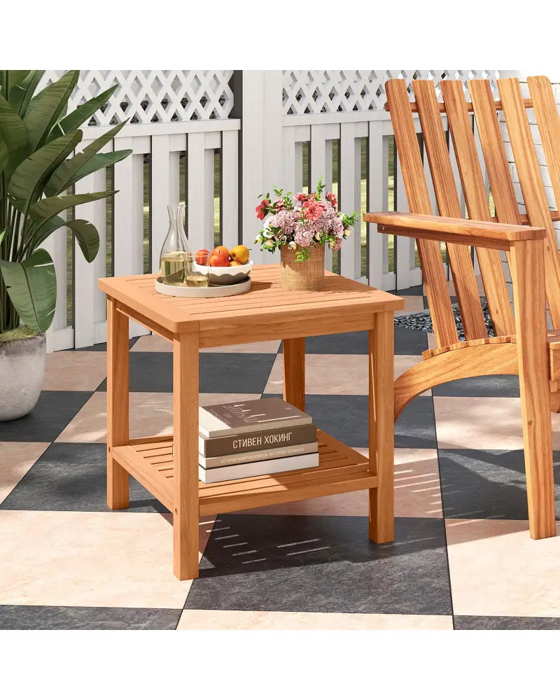 Patio Acacia Wood Side Table with Slatted Tabletop and Storage Shelf - End & Side Tables