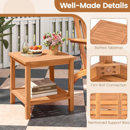 Patio Acacia Wood Side Table with Slatted Tabletop and Storage Shelf - End & Side Tables