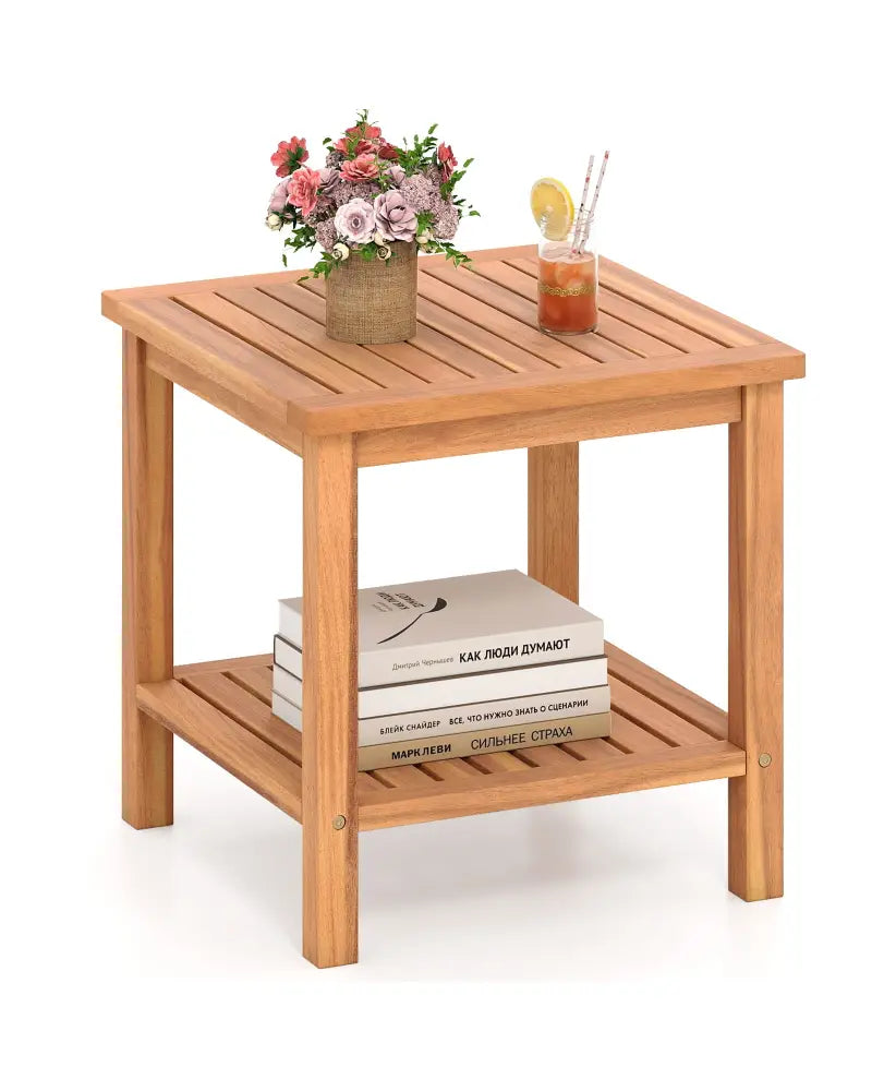 Patio Acacia Wood Side Table with Slatted Tabletop and Storage Shelf - End & Side Tables