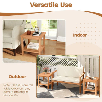 Patio Acacia Wood Side Table with Slatted Tabletop and Storage Shelf - End & Side Tables