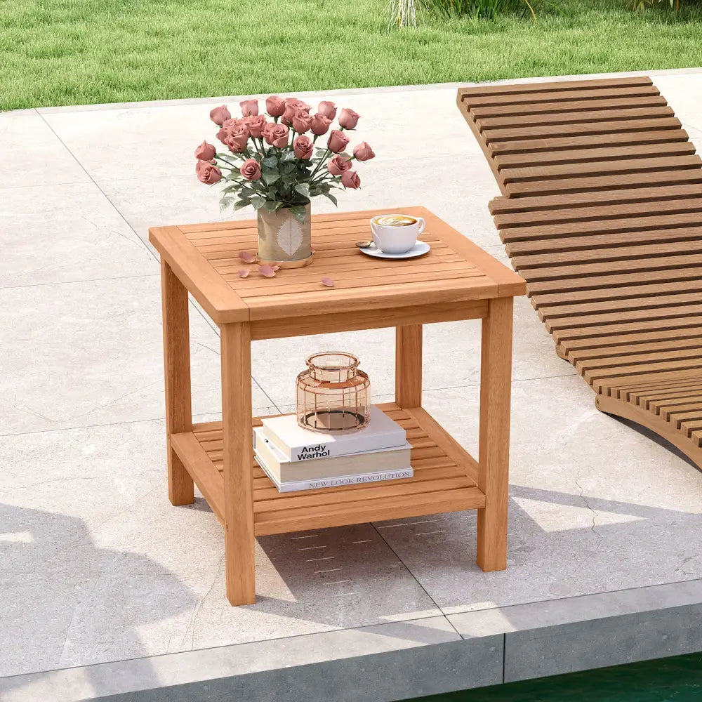 Patio Acacia Wood Side Table with Slatted Tabletop and Storage Shelf - End & Side Tables