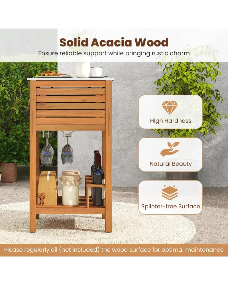 Patio Acacia Wood Storage Cabinet Patio Buffet Cabinet Bar Table with Faux Marble Countertop - Outdoor & Patio Furniture