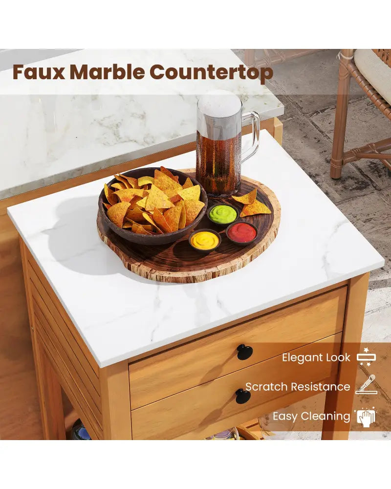 Patio Acacia Wood Storage Cabinet Patio Buffet Cabinet Bar Table with Faux Marble Countertop - Outdoor & Patio Furniture