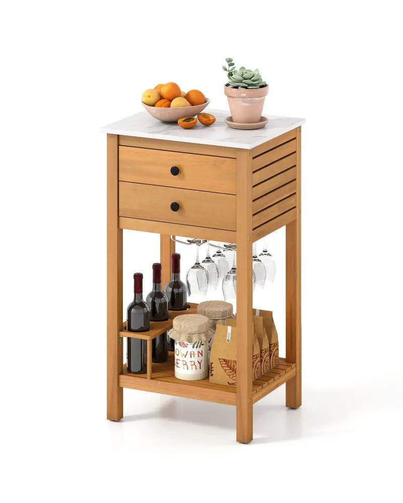 Patio Acacia Wood Storage Cabinet Patio Buffet Cabinet Bar Table with Faux Marble Countertop - Outdoor & Patio Furniture
