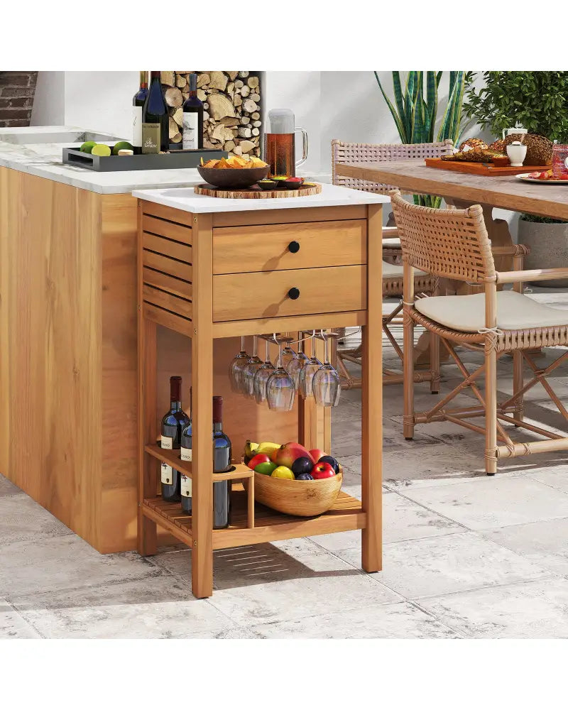 Patio Acacia Wood Storage Cabinet Patio Buffet Cabinet Bar Table with Faux Marble Countertop - Outdoor & Patio Furniture