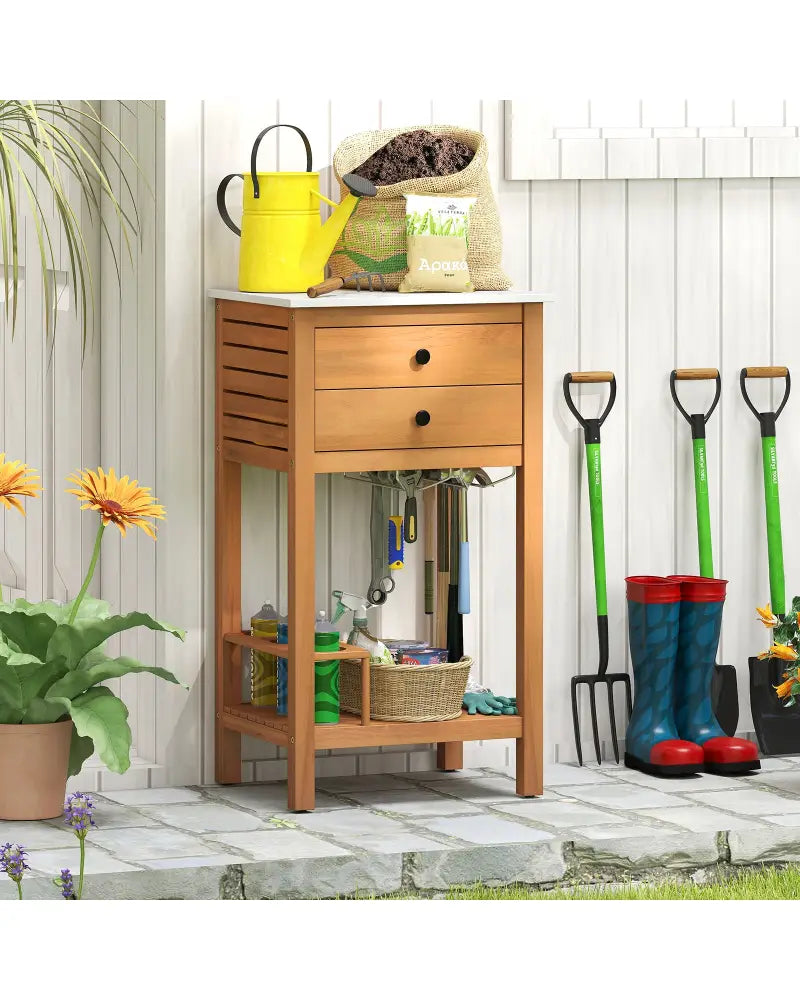 Patio Acacia Wood Storage Cabinet Patio Buffet Cabinet Bar Table with Faux Marble Countertop - Outdoor & Patio Furniture