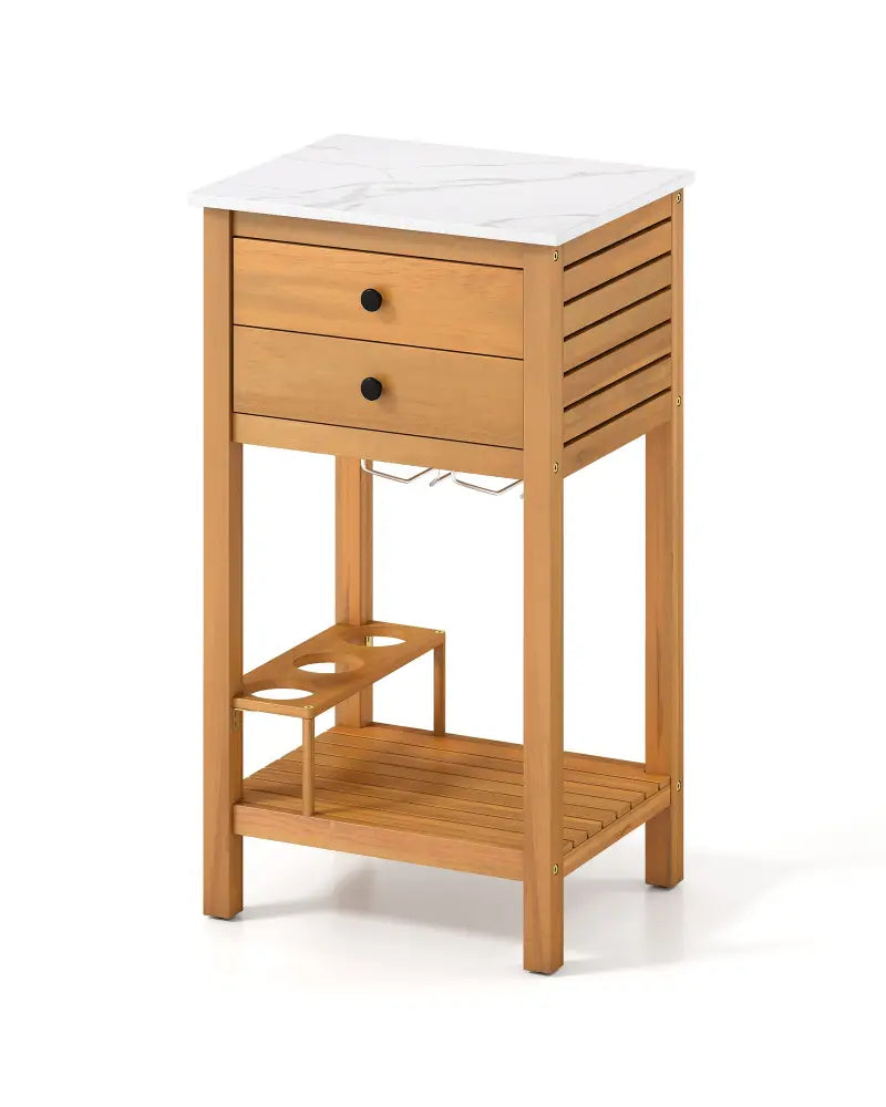 Patio Acacia Wood Storage Cabinet Patio Buffet Cabinet Bar Table with Faux Marble Countertop - Outdoor & Patio Furniture