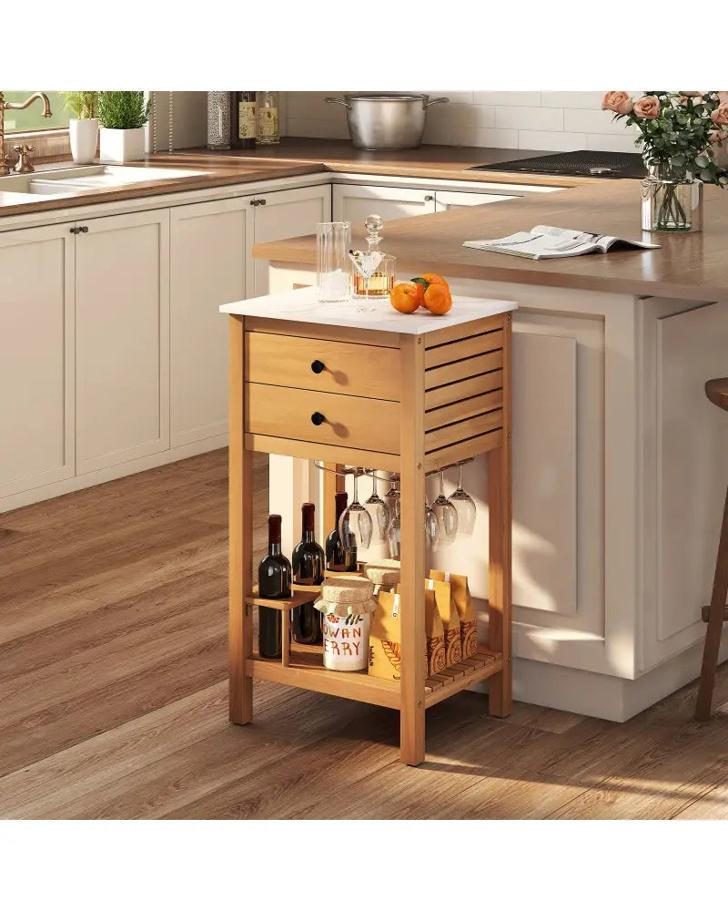 Patio Acacia Wood Storage Cabinet Patio Buffet Cabinet Bar Table with Faux Marble Countertop - Outdoor & Patio Furniture