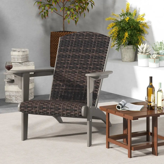Patio Adirondack Chair with Rattan Padded Seat and Hidden Cupholder-Gray - Gray - Adirondack Chairs