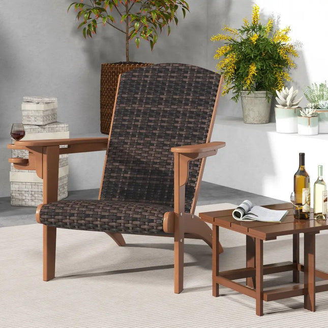 Patio Adirondack Chair with Rattan Padded Seat and Hidden Cupholder-Coffee - Coffee - Adirondack Chairs