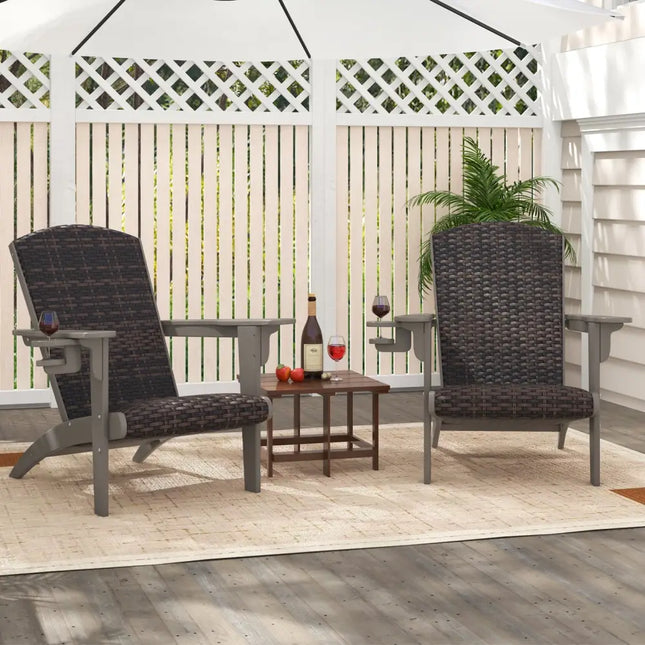 Patio Adirondack Chair with Rattan Padded Seat and Hidden Cupholder-Gray - Gray - Adirondack Chairs