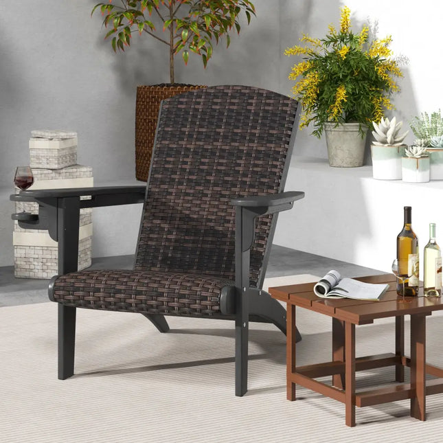 Patio Adirondack Chair with Rattan Padded Seat and Hidden Cupholder-Black - Black - Adirondack Chairs