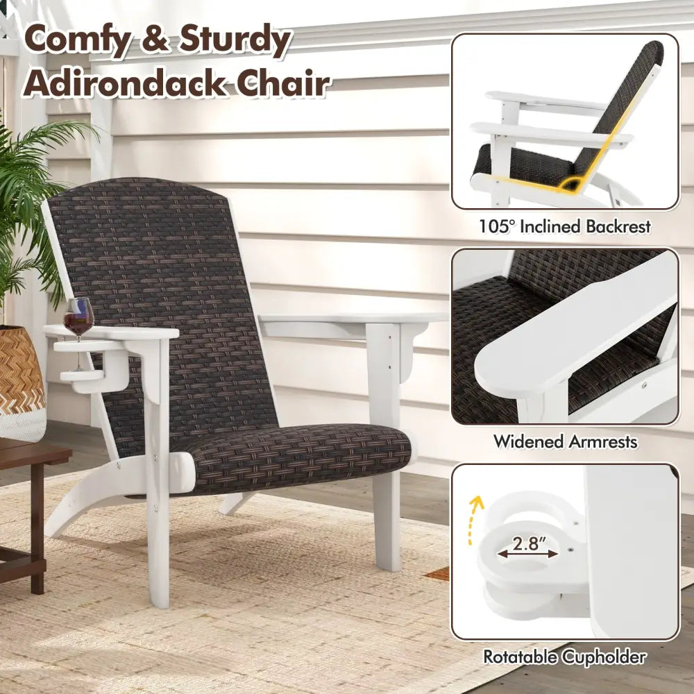Patio Adirondack Chair with Rattan Padded Seat and Hidden Cupholder-White - White - Adirondack Chairs