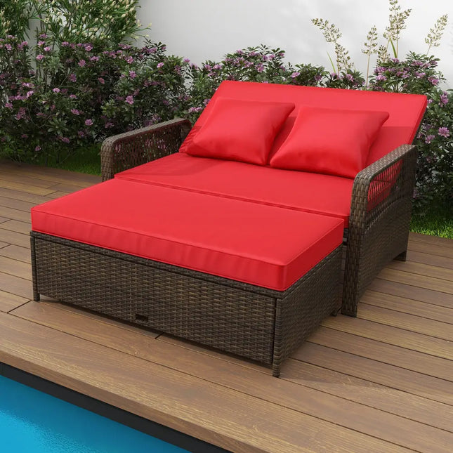 Patio Adjustable Wicker Daybed with 4-Level Backrest and Soft Cushions-Red - Red - Outdoor Sectionals