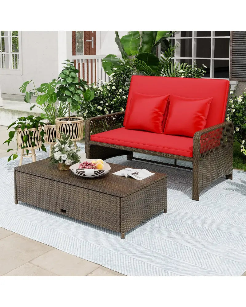 Patio Adjustable Wicker Daybed with 4-Level Backrest and Soft Cushions-Red - Red - Outdoor Sectionals