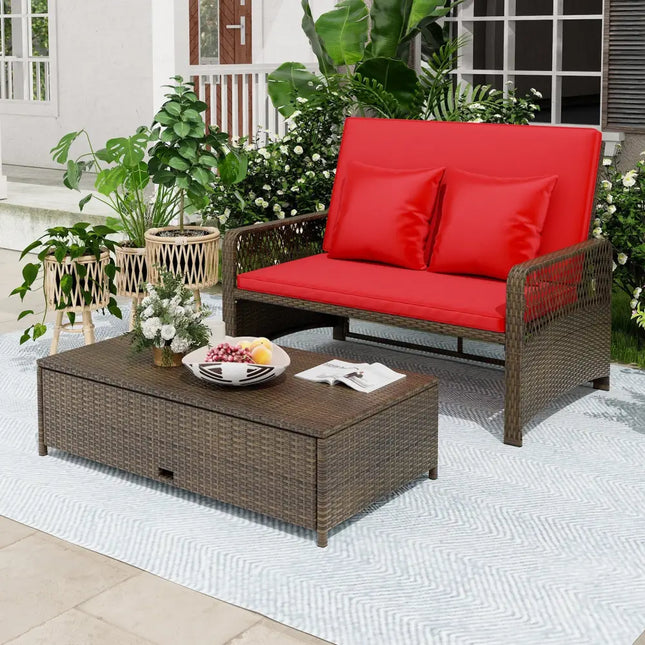 Patio Adjustable Wicker Daybed with 4-Level Backrest and Soft Cushions-Red - Red - Outdoor Sectionals