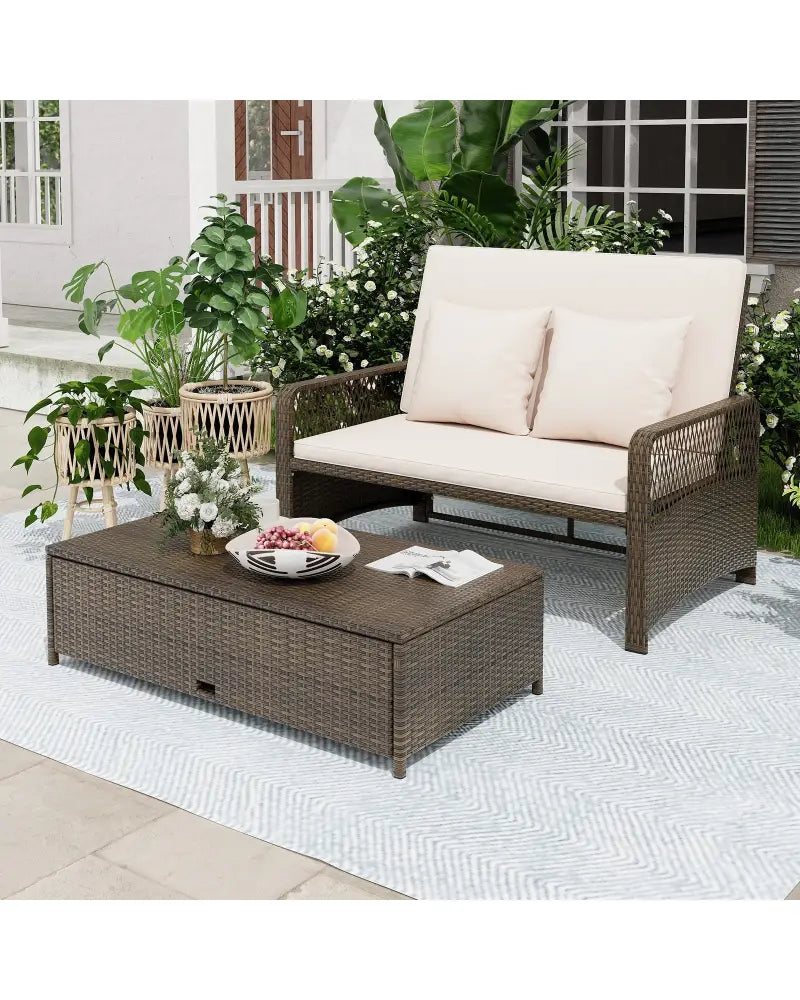 Patio Adjustable Wicker Daybed with 4-Level Backrest and Soft Cushions-Beige - Beige - Outdoor Sectionals