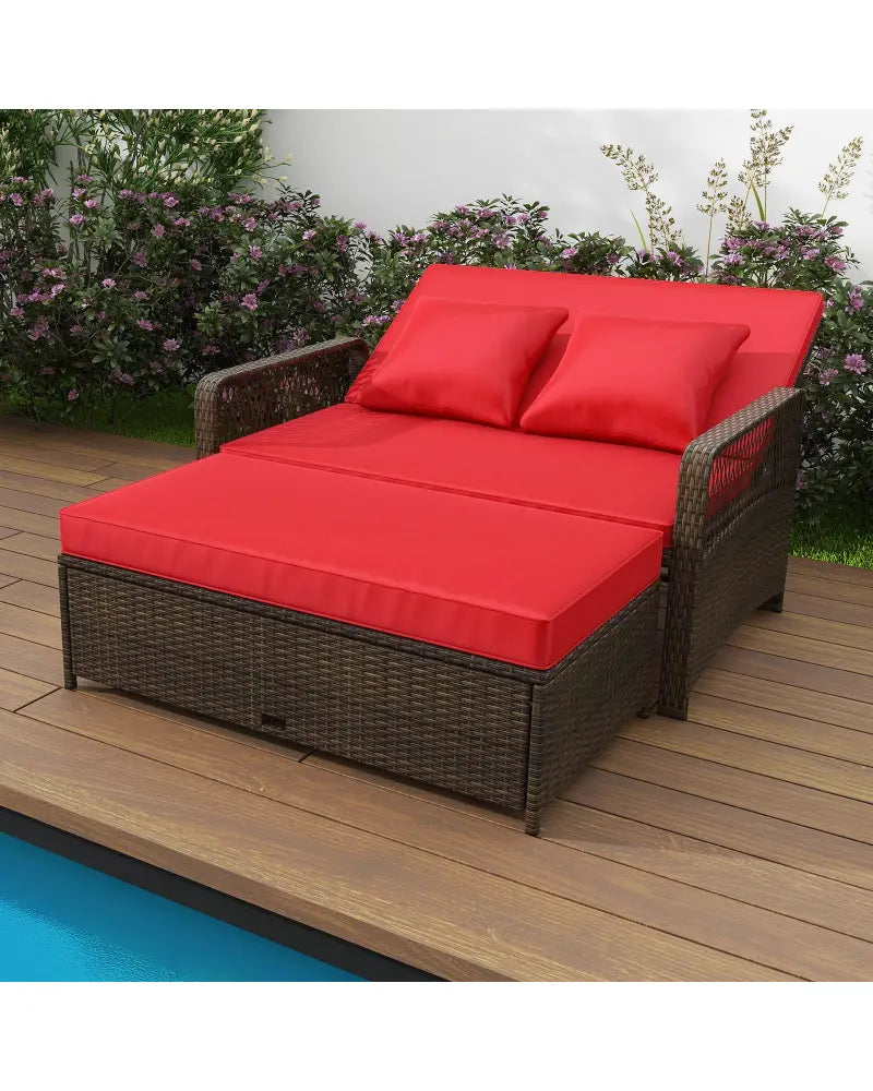 Patio Adjustable Wicker Daybed with 4-Level Backrest and Soft Cushions-Red - Red - Outdoor Sectionals