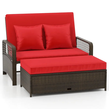 Patio Adjustable Wicker Daybed with 4-Level Backrest and Soft Cushions-Red - Red - Outdoor Sectionals