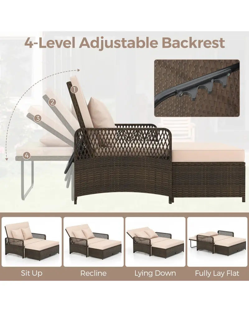 Patio Adjustable Wicker Daybed with 4-Level Backrest and Soft Cushions-Beige - Beige - Outdoor Sectionals