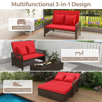 Patio Adjustable Wicker Daybed with 4-Level Backrest and Soft Cushions-Red - Red - Outdoor Sectionals