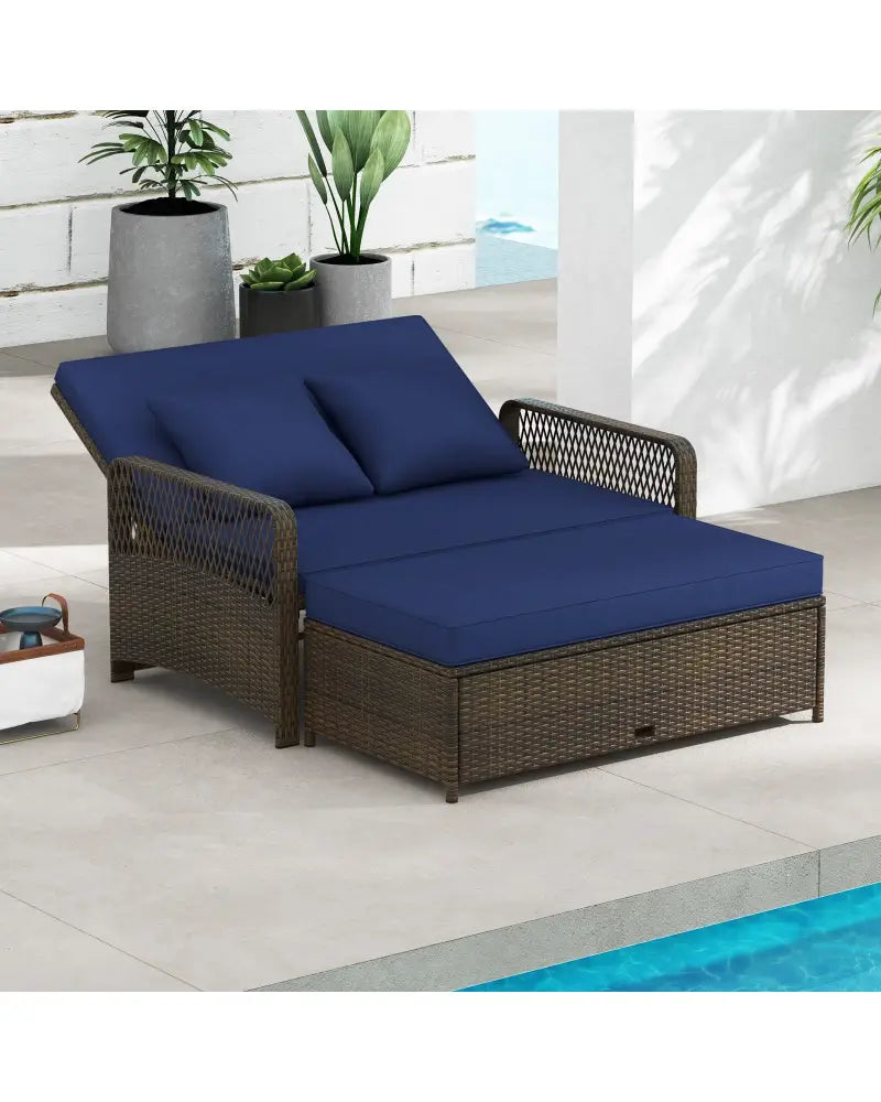 Patio Adjustable Wicker Daybed with 4-Level Backrest and Soft Cushions-Navy - Navy - Outdoor Sectionals