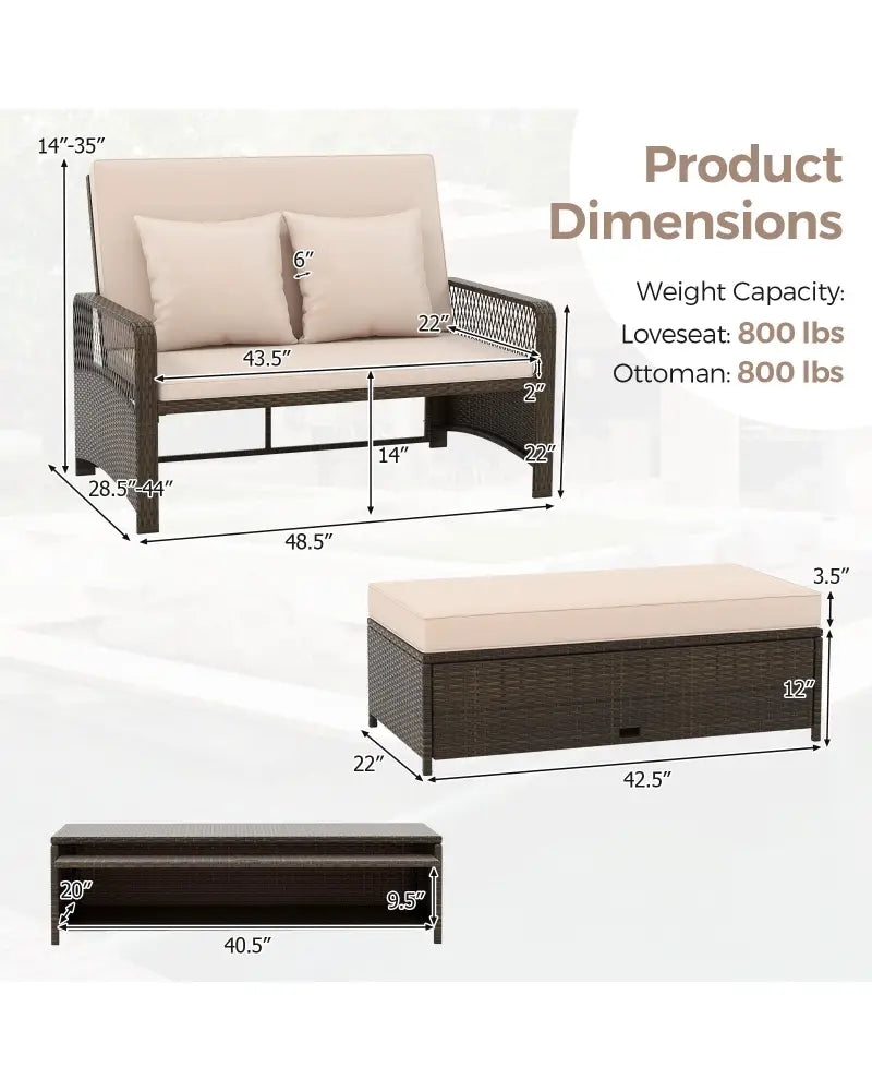 Patio Adjustable Wicker Daybed with 4-Level Backrest and Soft Cushions-Beige - Beige - Outdoor Sectionals