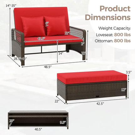 Patio Adjustable Wicker Daybed with 4-Level Backrest and Soft Cushions-Red - Red - Outdoor Sectionals