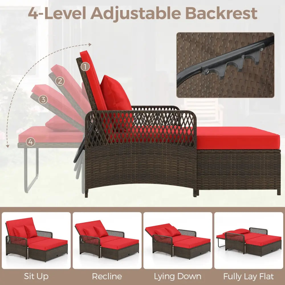 Patio Adjustable Wicker Daybed with 4-Level Backrest and Soft Cushions-Red - Red - Outdoor Sectionals