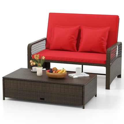 Patio Adjustable Wicker Daybed with 4-Level Backrest and Soft Cushions-Red - Red - Outdoor Sectionals