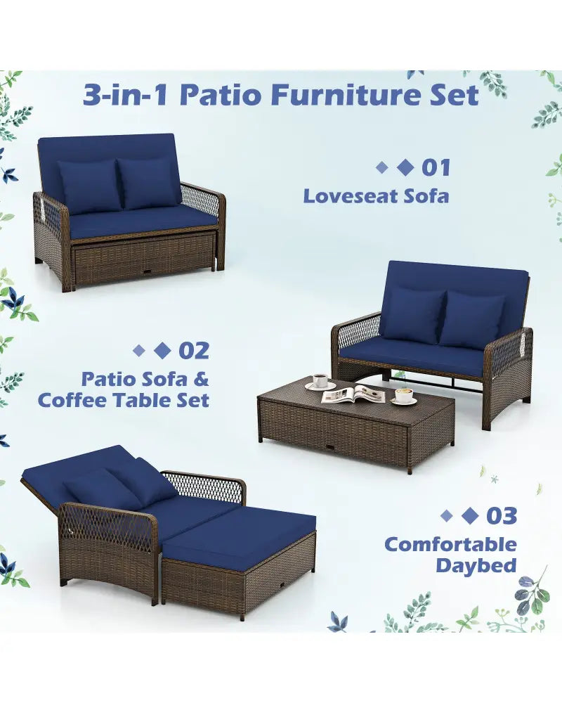 Patio Adjustable Wicker Daybed with 4-Level Backrest and Soft Cushions-Navy - Navy - Outdoor Sectionals