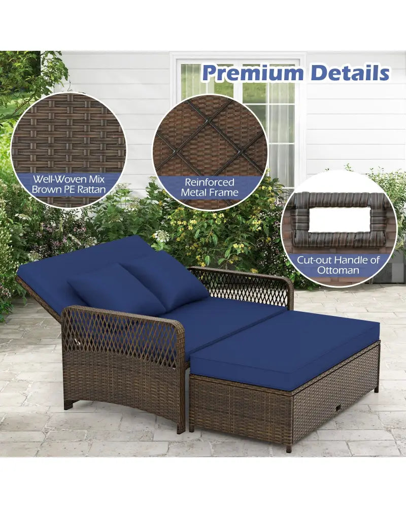 Patio Adjustable Wicker Daybed with 4-Level Backrest and Soft Cushions-Navy - Navy - Outdoor Sectionals