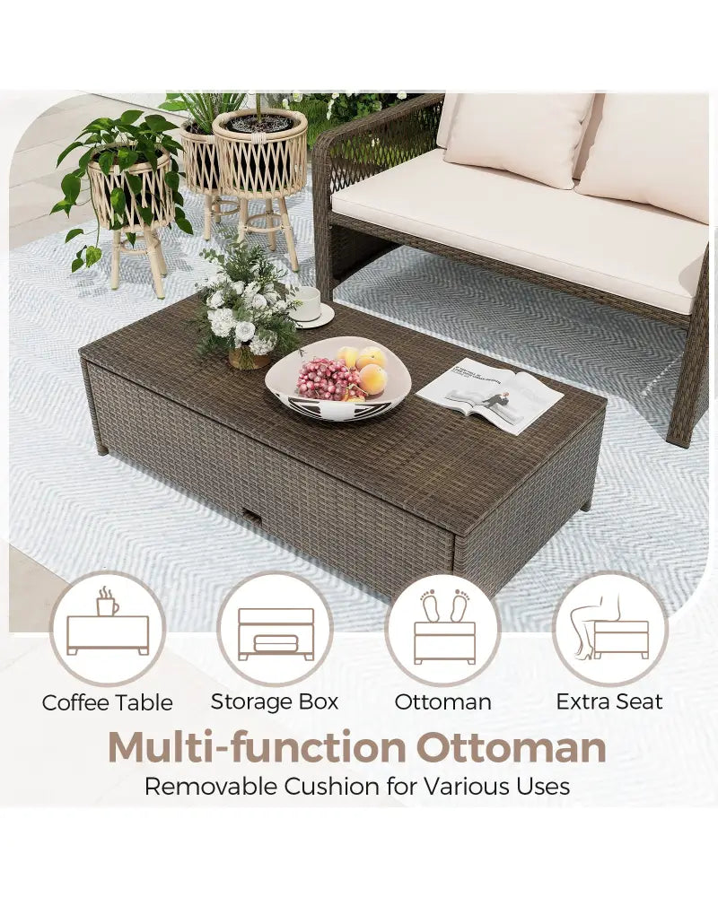 Patio Adjustable Wicker Daybed with 4-Level Backrest and Soft Cushions-Beige - Beige - Outdoor Sectionals