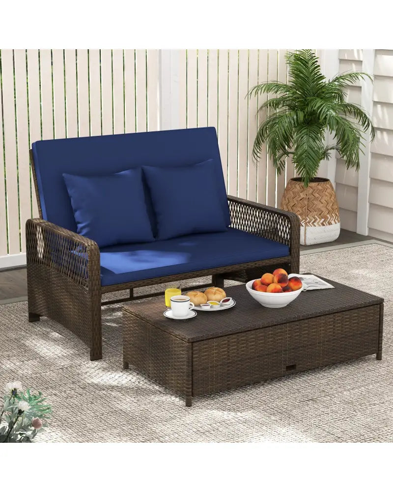 Patio Adjustable Wicker Daybed with 4-Level Backrest and Soft Cushions-Navy - Navy - Outdoor Sectionals