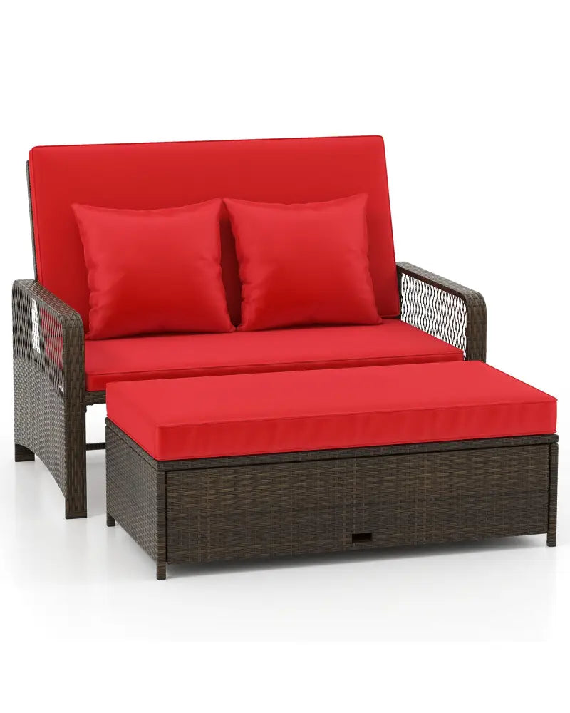 Patio Adjustable Wicker Daybed with 4-Level Backrest and Soft Cushions-Red - Red - Outdoor Sectionals