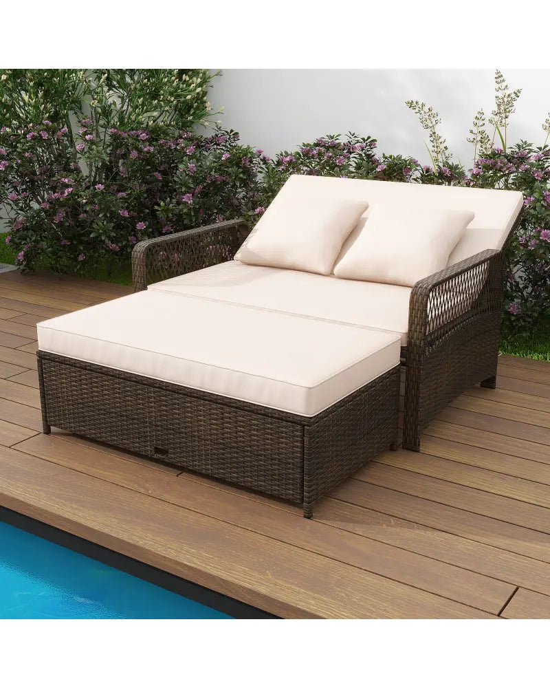 Patio Adjustable Wicker Daybed with 4-Level Backrest and Soft Cushions-Beige - Beige - Outdoor Sectionals