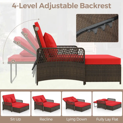Patio Adjustable Wicker Daybed with 4-Level Backrest and Soft Cushions-Red - Red - Outdoor Sectionals