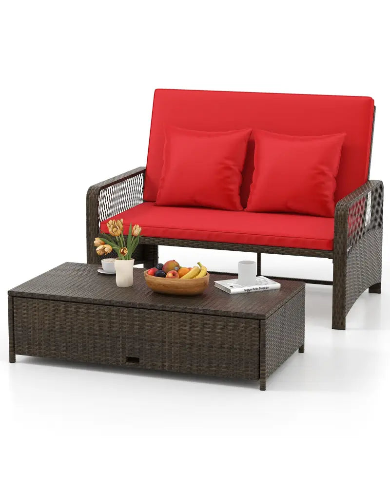 Patio Adjustable Wicker Daybed with 4-Level Backrest and Soft Cushions-Red - Red - Outdoor Sectionals