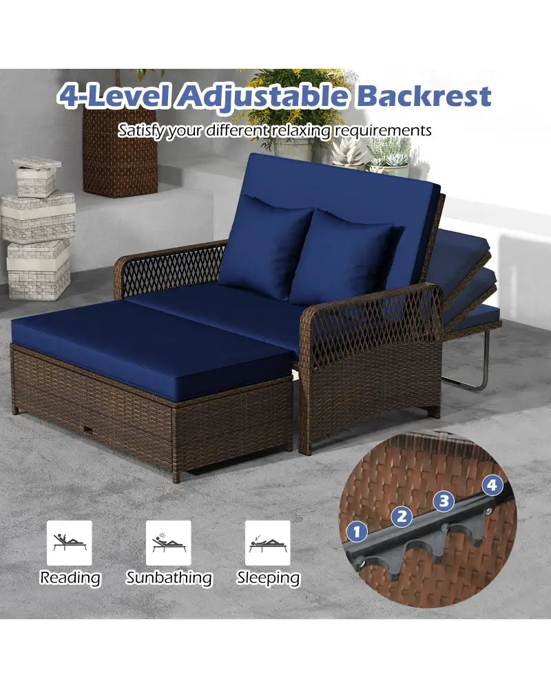 Patio Adjustable Wicker Daybed with 4-Level Backrest and Soft Cushions-Navy - Navy - Outdoor Sectionals