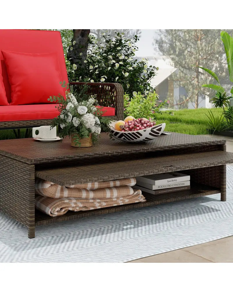 Patio Adjustable Wicker Daybed with 4-Level Backrest and Soft Cushions-Red - Red - Outdoor Sectionals