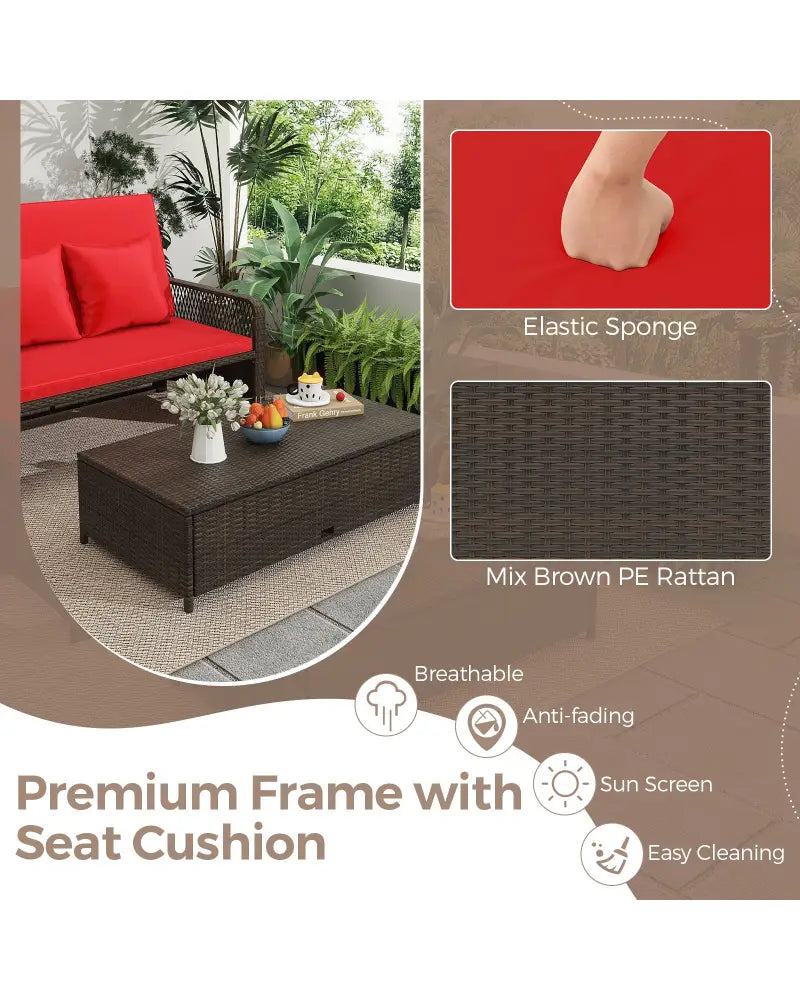 Patio Adjustable Wicker Daybed with 4-Level Backrest and Soft Cushions-Red - Red - Outdoor Sectionals