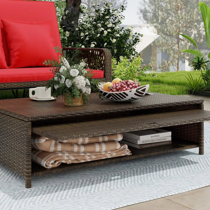 Patio Adjustable Wicker Daybed with 4-Level Backrest and Soft Cushions-Red - Red - Outdoor Sectionals
