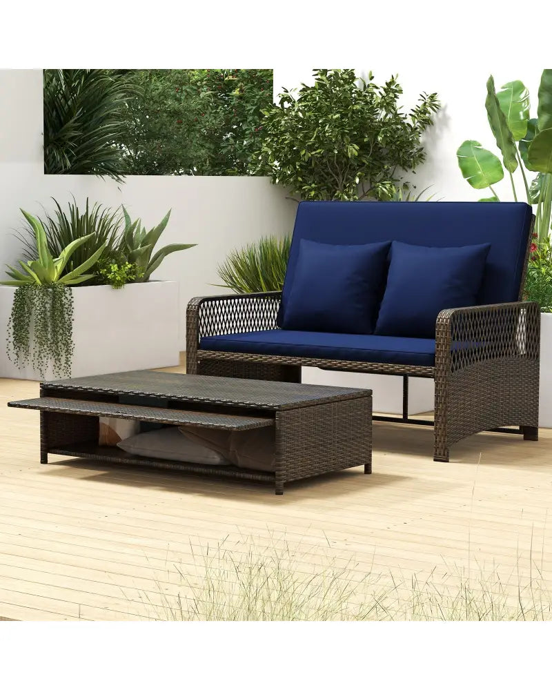 Patio Adjustable Wicker Daybed with 4-Level Backrest and Soft Cushions-Navy - Navy - Outdoor Sectionals